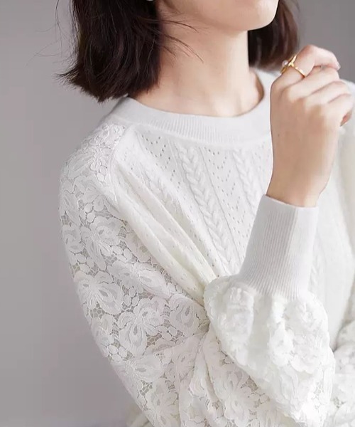 ニット セーター レースニット切り替え長袖トップス レディース deux amour ニット セーター レースニット切り替え長袖トップス
