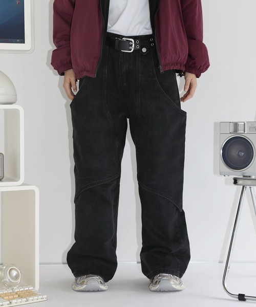 ジーンズ ワイドストレートバギーダブルニーデニムパンツ メンズ