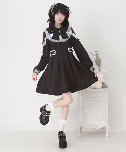 DearMyLove ワンピース 袖レース切替ヨークフリルワンピース