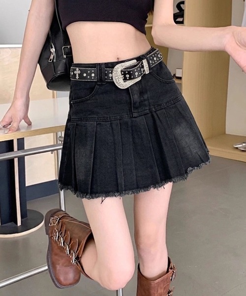 リンカブル　【新品】キルトデニムスカートブラック デニムスカート fringe stitch denim long skirt /フリンジパターン