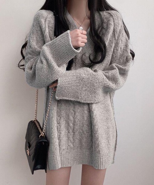 ニット セーター Nia(ニア)/ケーブル編み Vネックミニニットワンピース