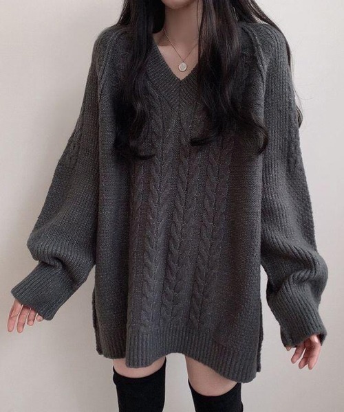 ニット セーター Nia(ニア)/ケーブル編み Vネックミニニットワンピース