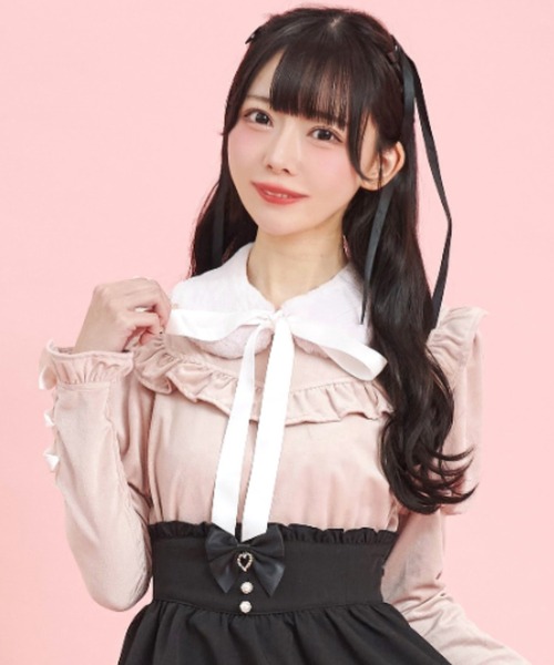 tシャツ ファーティペット付ベロアトップス レディース
