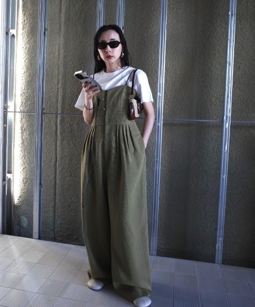 Ameri VINTAGE グリーン オールインワン サロペット ワイドパンツ Ameri（アメリ） サロペット オーバーオール LAME TWEED BUSTIER