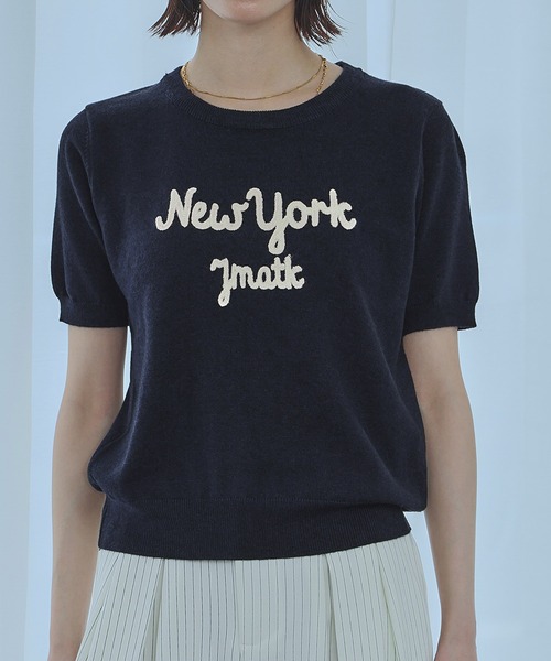 LOWO tシャツ 刺繍ロゴ入り半袖ニット素材Tシャツ レディース 