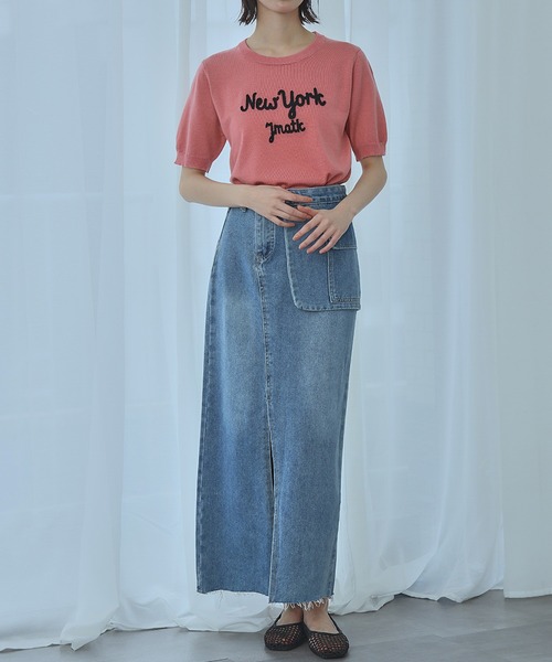LOWO tシャツ 刺繍ロゴ入り半袖ニット素材Tシャツ レディース