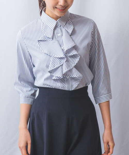 NARACAMICIE - ★新品★【NARACAMICIE】白ブルーストライプフリル半袖ブラウス Ⅰサイズ NARACAMICIE ブラウス シャツ 「NARACAMICIE」ストレッチ