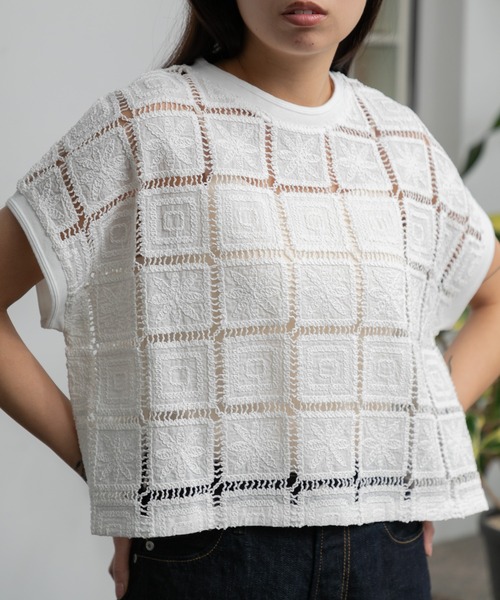 tシャツ スクエア刺繍レーストップス レディース