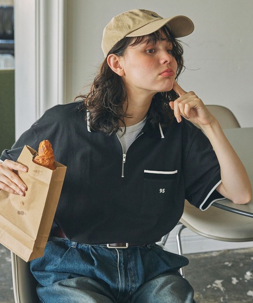 ポロシャツ ポロ ナンバリング刺繍 配色ライン ハーフジップ