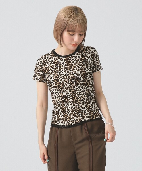 tシャツ レオパード プリント レース ヘム Tシャツ レディース
