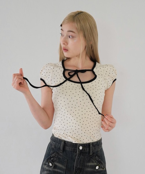 Uenui tシャツ パフスリーブドットリボントップス ribbon puff