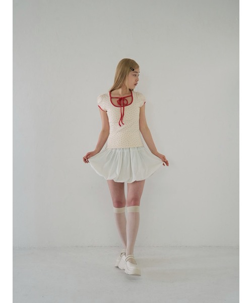 Uenui tシャツ パフスリーブドットリボントップス ribbon puff
