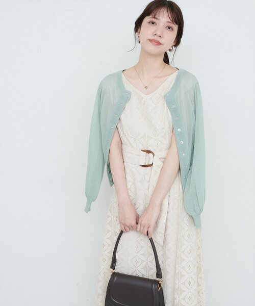natural couture ワンピース ウエストベルト付きカラーレース