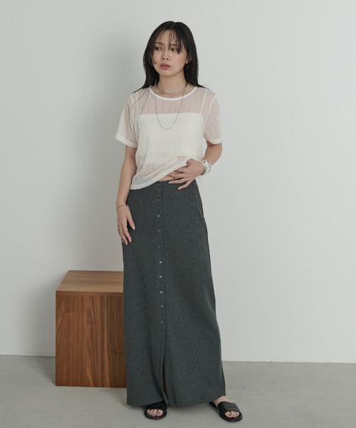 tシャツ ウェーブフレアアンバランスT レディース Aunt Marie's tシャツ ニュアンスウェーブシアーハーフスリーブ