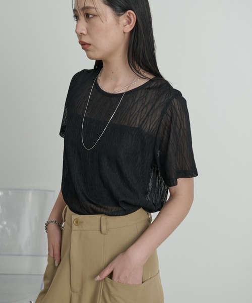tシャツ ウェーブフレアアンバランスT レディース Aunt Marie's tシャツ ニュアンスウェーブシアーハーフスリーブ
