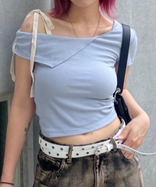 ワンショルダーリボントップス ACLENT tシャツ ワンショルダーリボントップス レディース