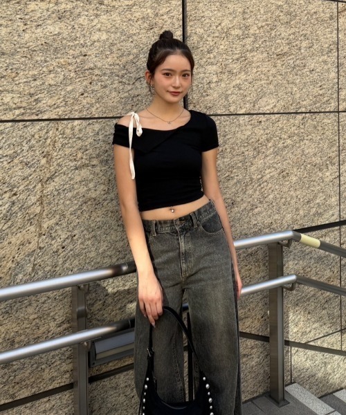 ワンショルダーリボントップス ACLENT tシャツ ワンショルダーリボントップス レディース