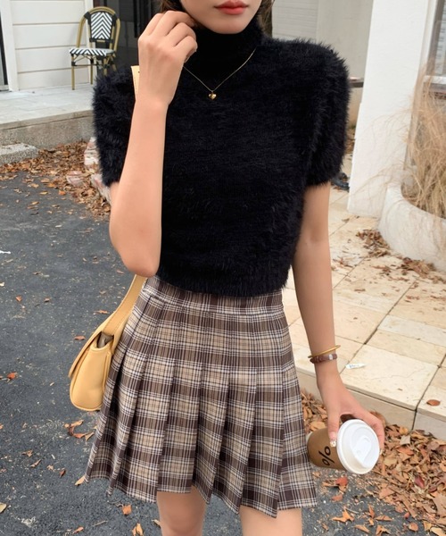 ニット セーター ハイネック半袖シャギーニットトップス レディース