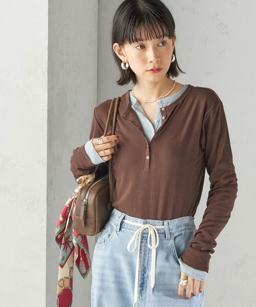 tシャツ 「SHIPS別注」miller: シアー ヘンリー ネック ロング スリーブ TEE レディース