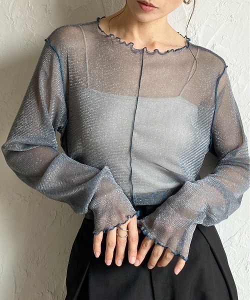 She's Closet tシャツ 配色バイカラー長袖シースルーラメシアー