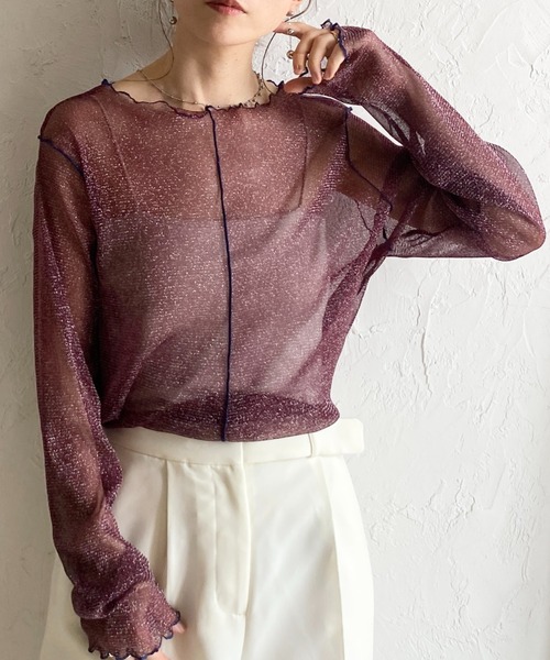 She's Closet tシャツ 配色バイカラー長袖シースルーラメシアー