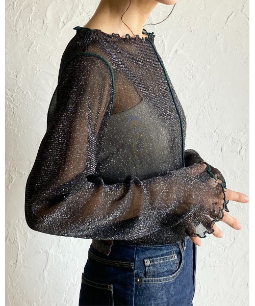 She's Closet tシャツ 配色バイカラー長袖シースルーラメシアー