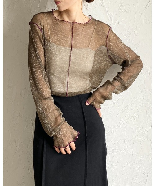 She's Closet tシャツ 配色バイカラー長袖シースルーラメシアー