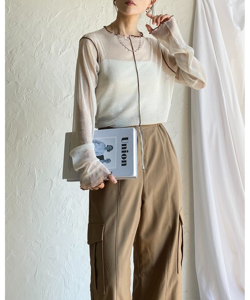 She's Closet tシャツ 配色バイカラー長袖シースルーラメシアー