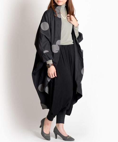 ステンカラーコート コート ドット柄 コクーンロングコート レディース