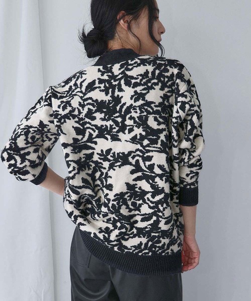 ROKU / ロク | JACQUARD V NECK KNIT CARDIGAN ジャガード Vネック ニットカーディガン | FREE | ネイビー | レディース ELFRANK カーディガン Vネック ジャガード ニット カーディガン リーフ