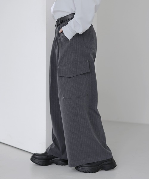 SOCCE ワイドパンツ スラックス ウールライクピンストライプ2タック