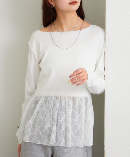 フロントレースペプラムカットソー rienda | カットレースペプラムトップス (Tシャツ・カットソー(長袖