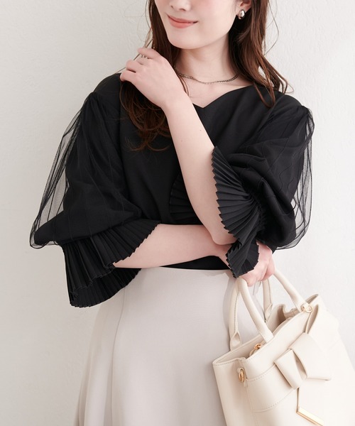 natural couture ブラウス シャツ 袖口プリーツチュール袖ブラウス 