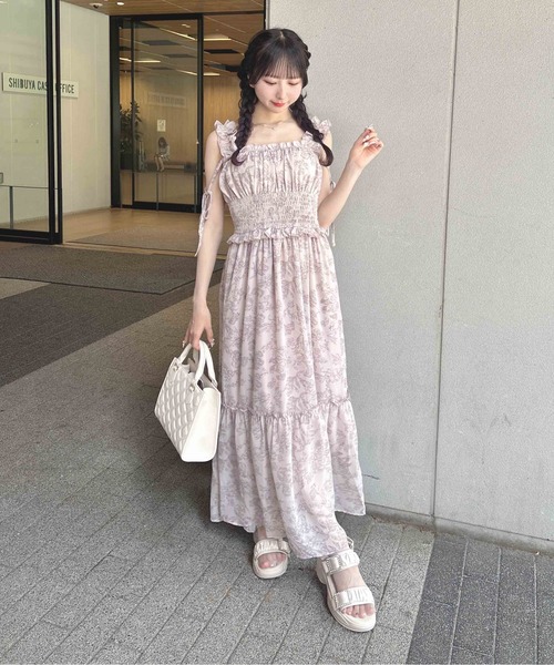 ロングワンピース スモーキーグレー ゴールド×ピンク刺繍 インド【6A-5】 INGNI（イング） ワンピース 花柄シャーリングティアードロング