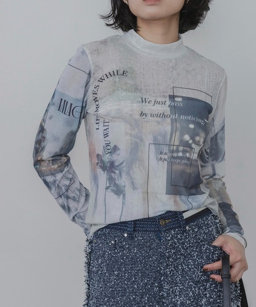 tシャツ ケーブルフォトプリント スタンドネックトップス レディース
