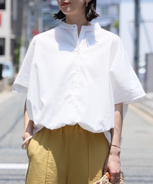 reca シャツ ブラウス 後ろギャザードルマンスリーブシャツ