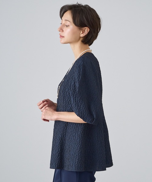 ANAYI ふくれジャガードパフ袖ペプラムブラウス NAVY/36