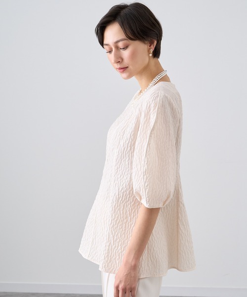 ANAYI ふくれジャガードパフ袖ペプラム ブラウス ライトブルー ANAYI ブラウス シャツ ふくれジャガードパフ袖ペプラム