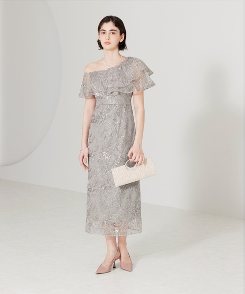【Leja】スパンコール刺繍フリル袖ドレス結婚式 二次会ドレス定価¥17,900 Leja ドレス 「LEJA」LEJA-フリルオフショルダースパンコール