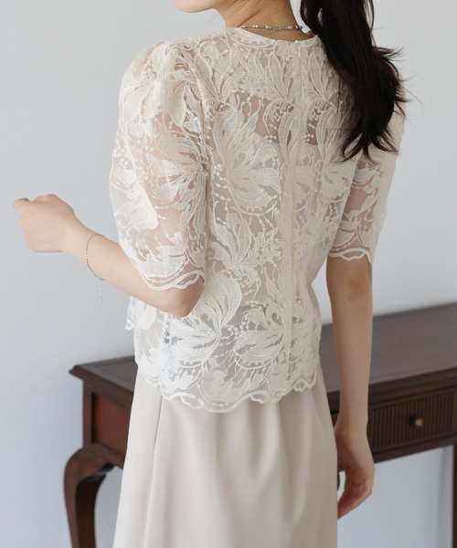 BLUEEAST ブラウス シャツ オーガンジー刺繍レースブラウス