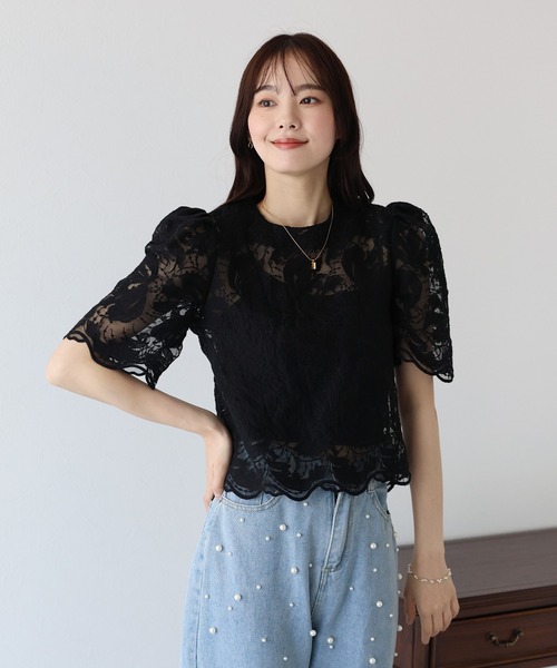 ブラウス シャツ オーガンジー刺繍ハーフスリーブシャツ レディース SNIDEL（スナイデル）の「ハーフスリーブオーガンジーブラウス