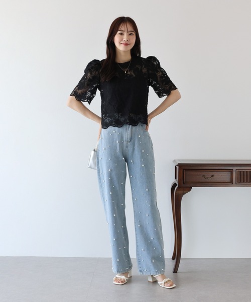 BLUEEAST ブラウス シャツ オーガンジー刺繍レースブラウス
