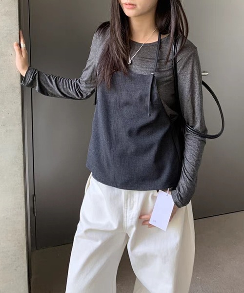 tシャツ パワーショルダーシアー切替ロンＴ レディース LYEON tシャツ ロングショルダーホルターキャミ＆シアーロンT