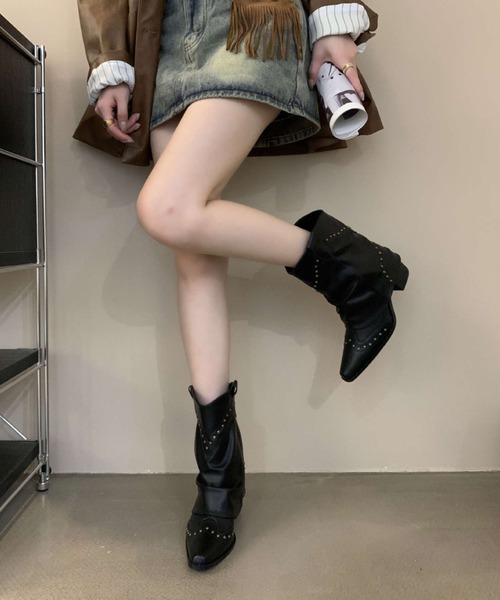 lilful ブーツ スタッズアクセント ウエスタンショートブーツ