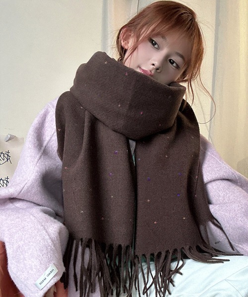 パラスパレス 大判ストール フリンジ ドット柄 刺繍 マフラー 茶 黒 ピンク miniministore（ミニミニストア） マフラー ストール ドット柄 大判