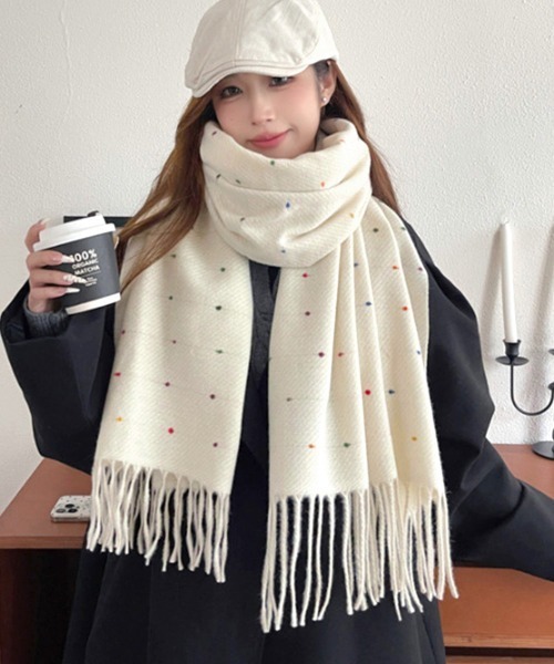 LIMI feu リミフゥ ドット柄 大判 ウール ストール ITAJIME DYED STAGGERED BIG SCARF(FREE SIZE Black): LIMI feu｜THE