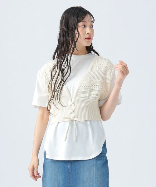 【4点セット】ビスチェとTシャツ フロントZIPビスチェ＆半袖Tシャツセット(120cm ライト グリーン