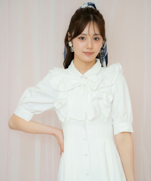 【ze】ラッフルリボンタイシャツワンピース ブラックチェック WILLSELECTION ワンピース ラッフルリボンタイシャツワンピース