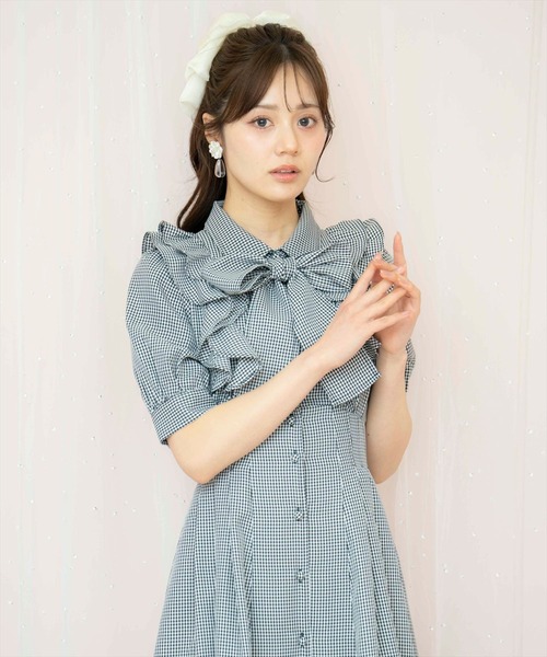 【ze】ラッフルリボンタイシャツワンピース ブラックチェック WILLSELECTION ワンピース ラッフルリボンタイシャツワンピース