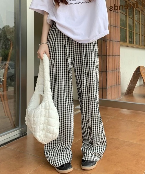 Sibra パンツ チェック柄リラックスワイドパンツ レディース